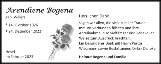 Traueranzeige von Arendiene Bogena 