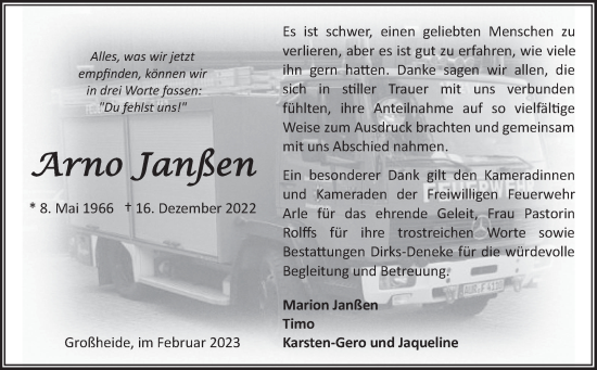 Traueranzeige von Arno Janßen 