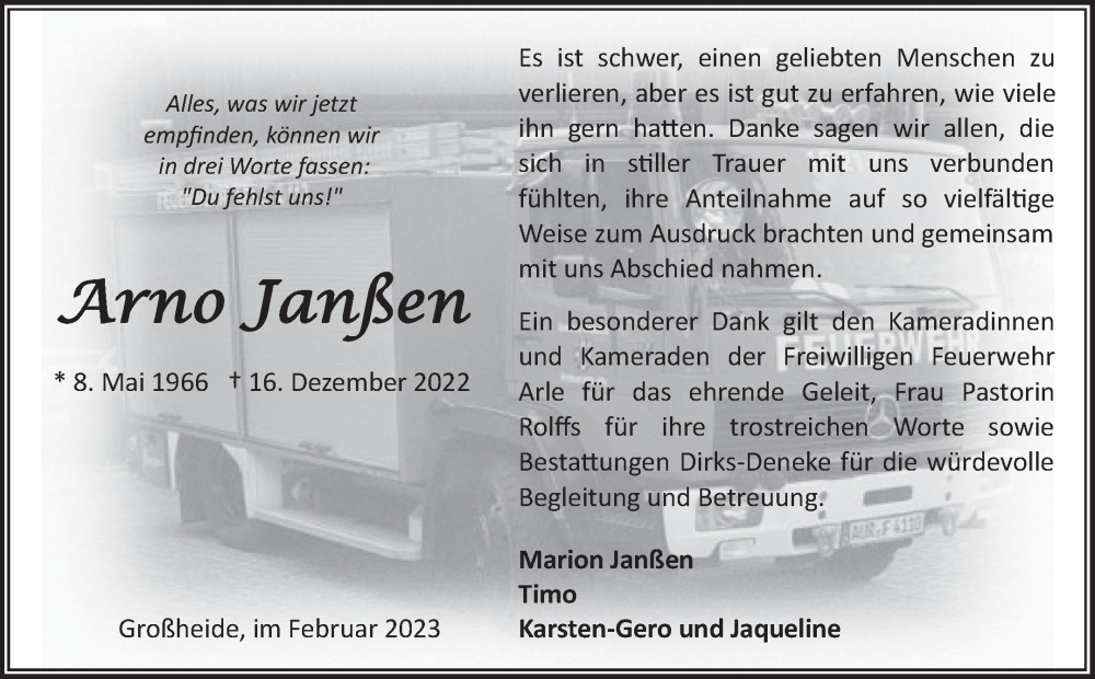  Traueranzeige für Arno Janßen vom 04.02.2023 aus 