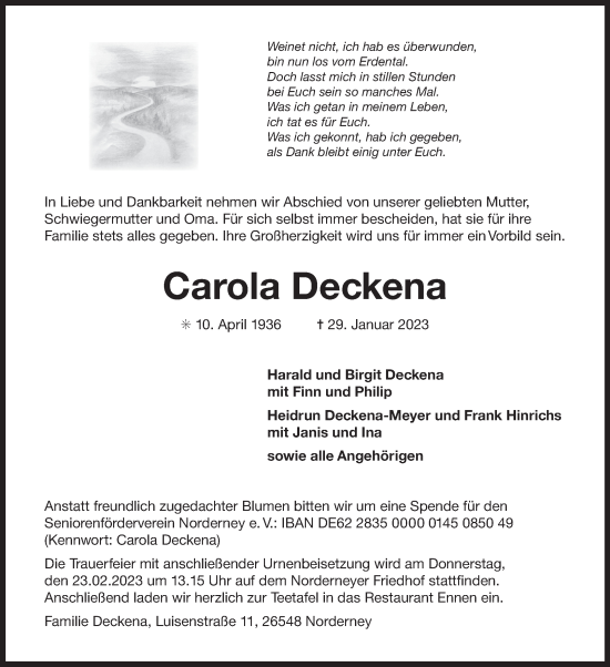Traueranzeige von Carola Deckena 