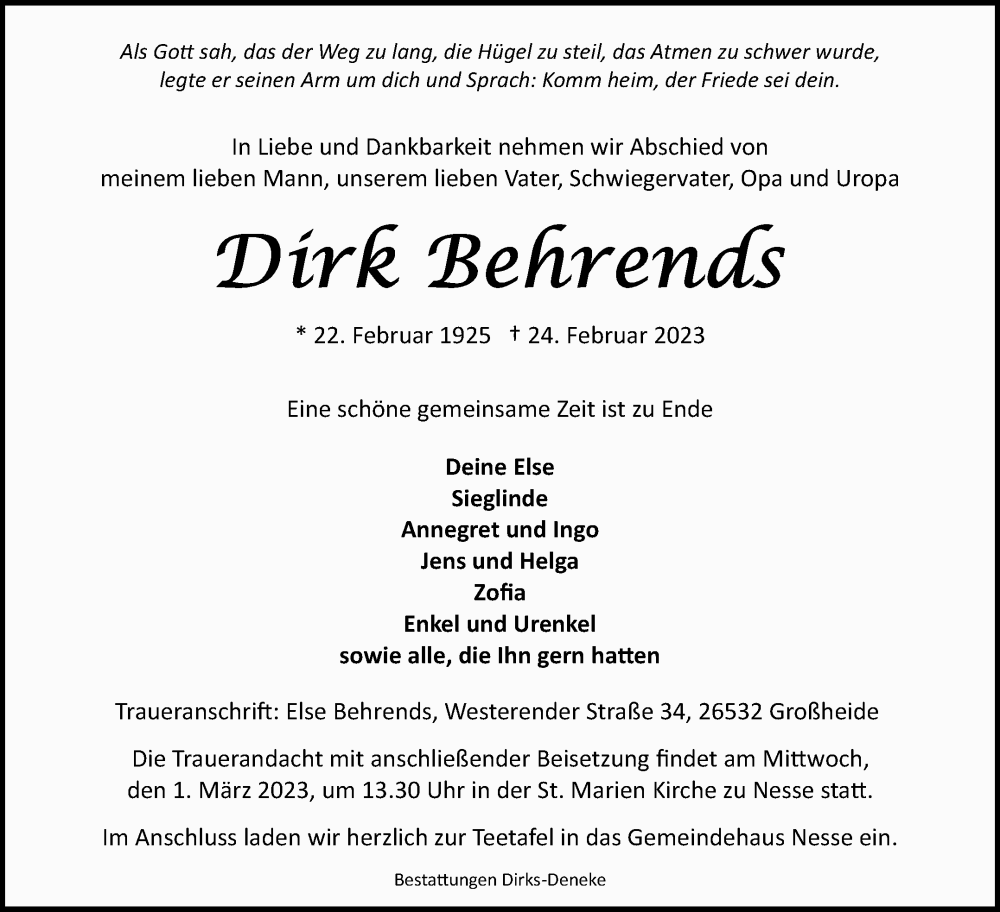  Traueranzeige für Dirk Behrends vom 27.02.2023 aus 