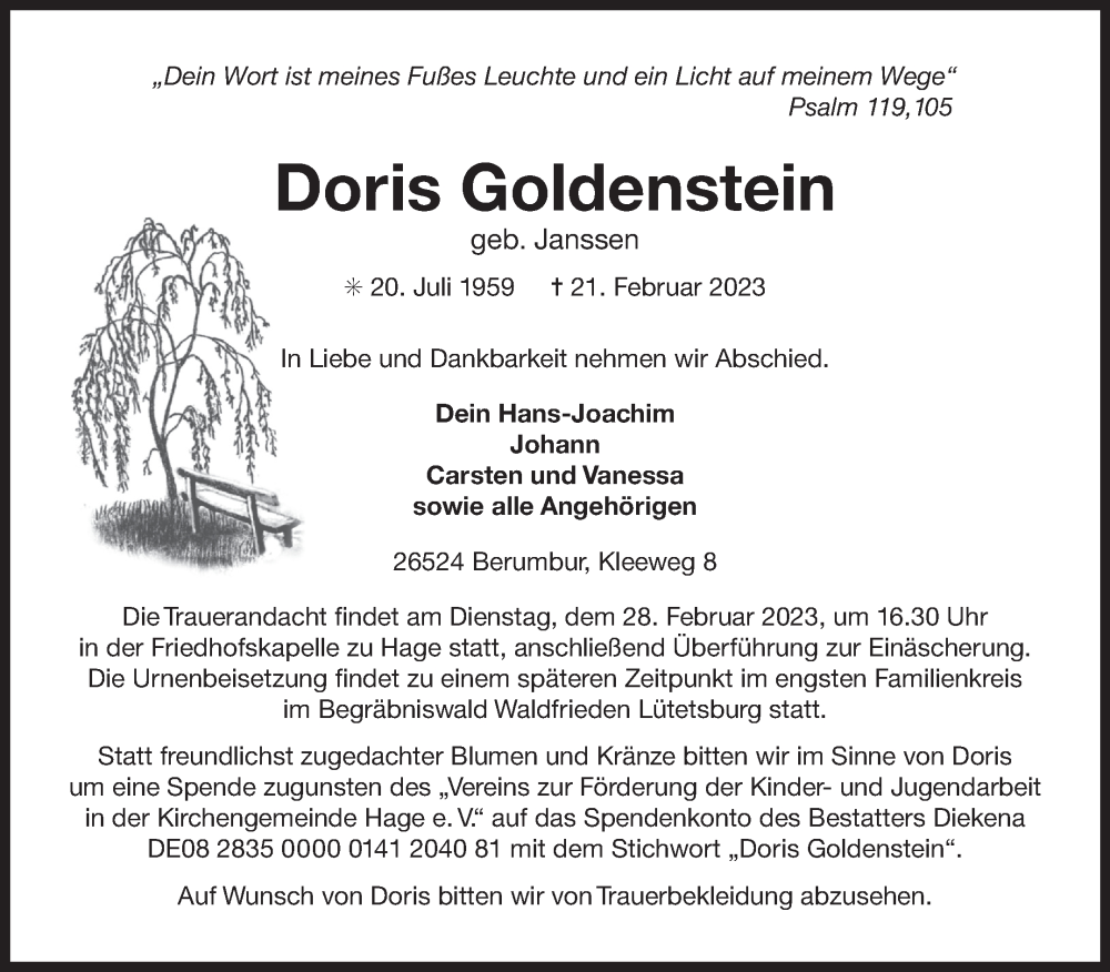  Traueranzeige für Doris Goldenstein vom 24.02.2023 aus 
