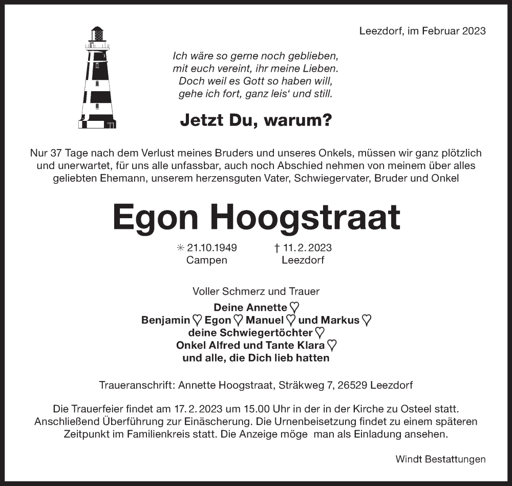  Traueranzeige für Egon Hoogstraat vom 14.02.2023 aus 