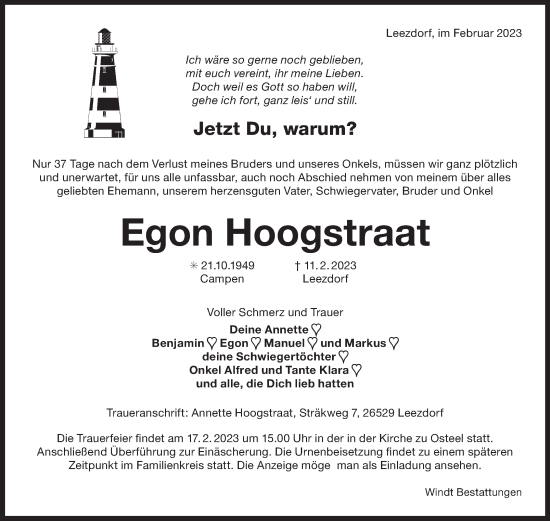 Traueranzeige von Egon Hoogstraat 