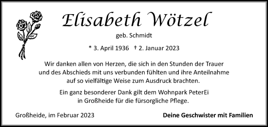 Traueranzeige von Elisabeth Wötzel 