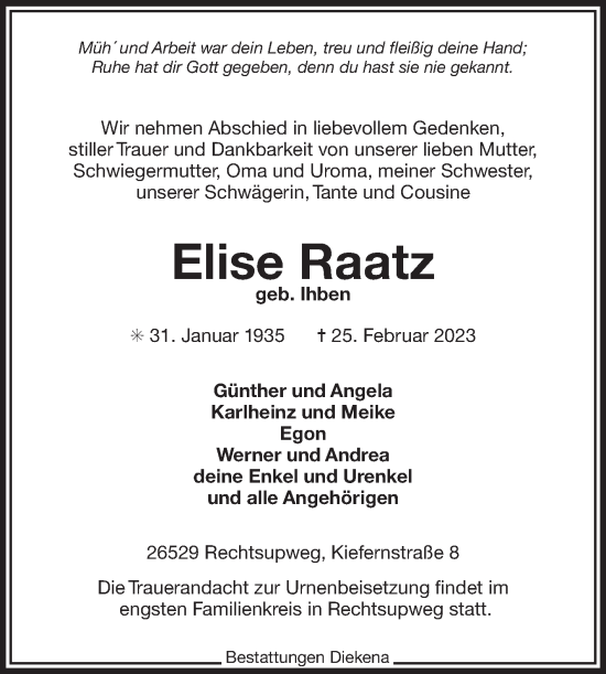 Traueranzeige von Elise Raatz 