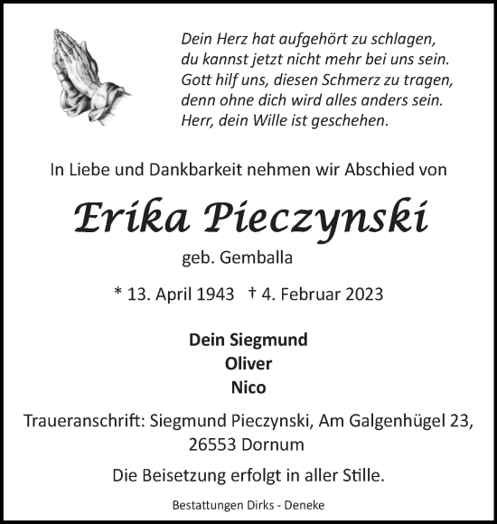 Traueranzeige von Erika Pieczynski 