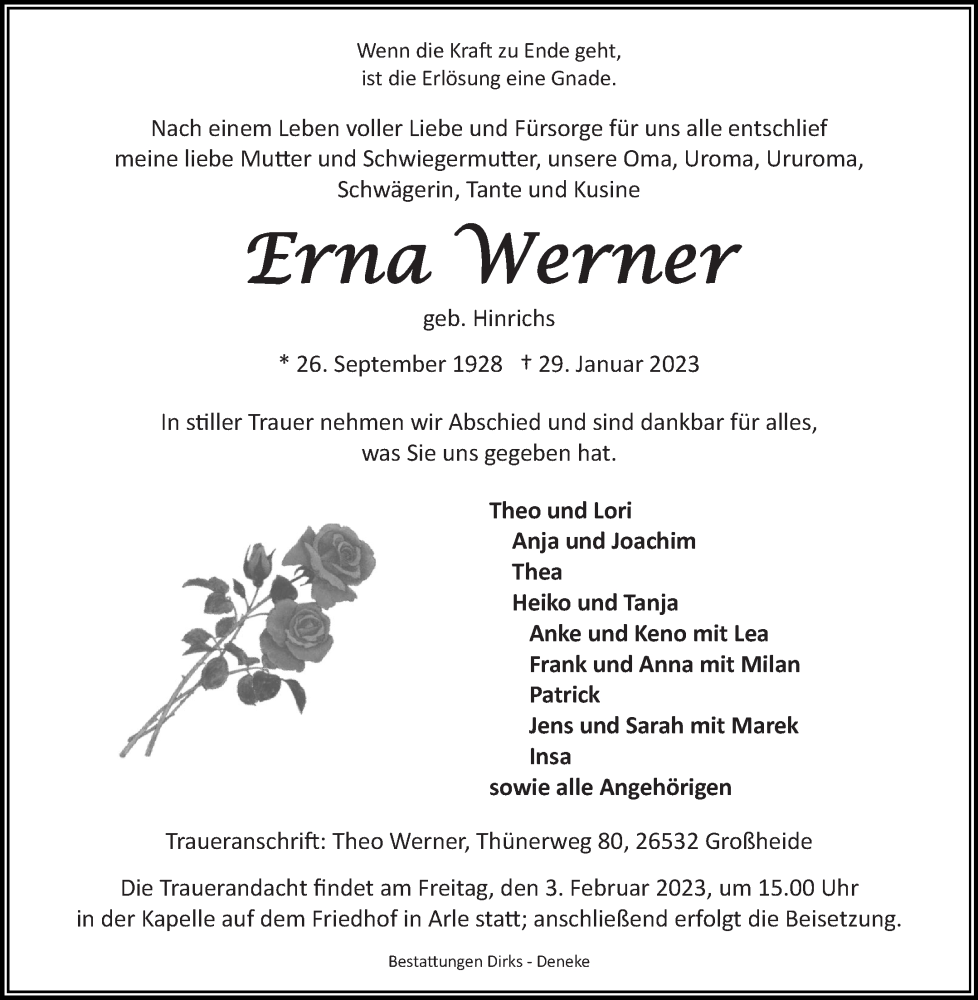  Traueranzeige für Erna Werner vom 01.02.2023 aus 