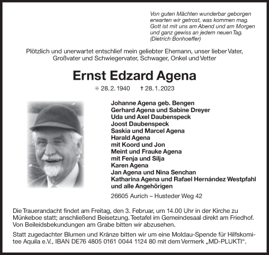 Traueranzeige von Ernst Edzard Agena 