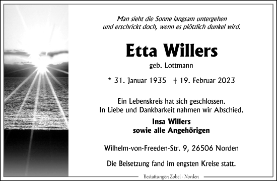 Traueranzeige von Etta Willers 