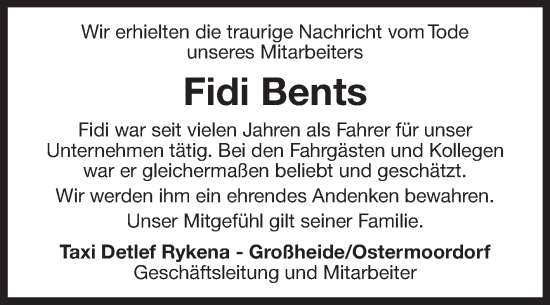 Traueranzeige von Fidi Bents 