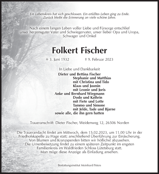 Traueranzeige von Folkert Fischer 