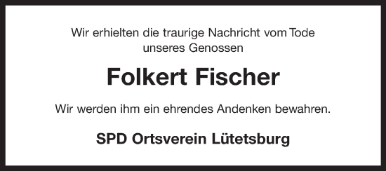Traueranzeige von Folkert Fischer 