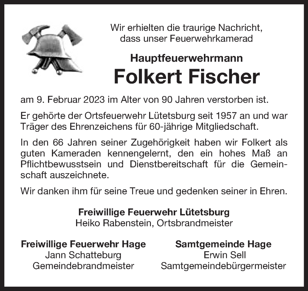  Traueranzeige für Folkert Fischer vom 14.02.2023 aus 