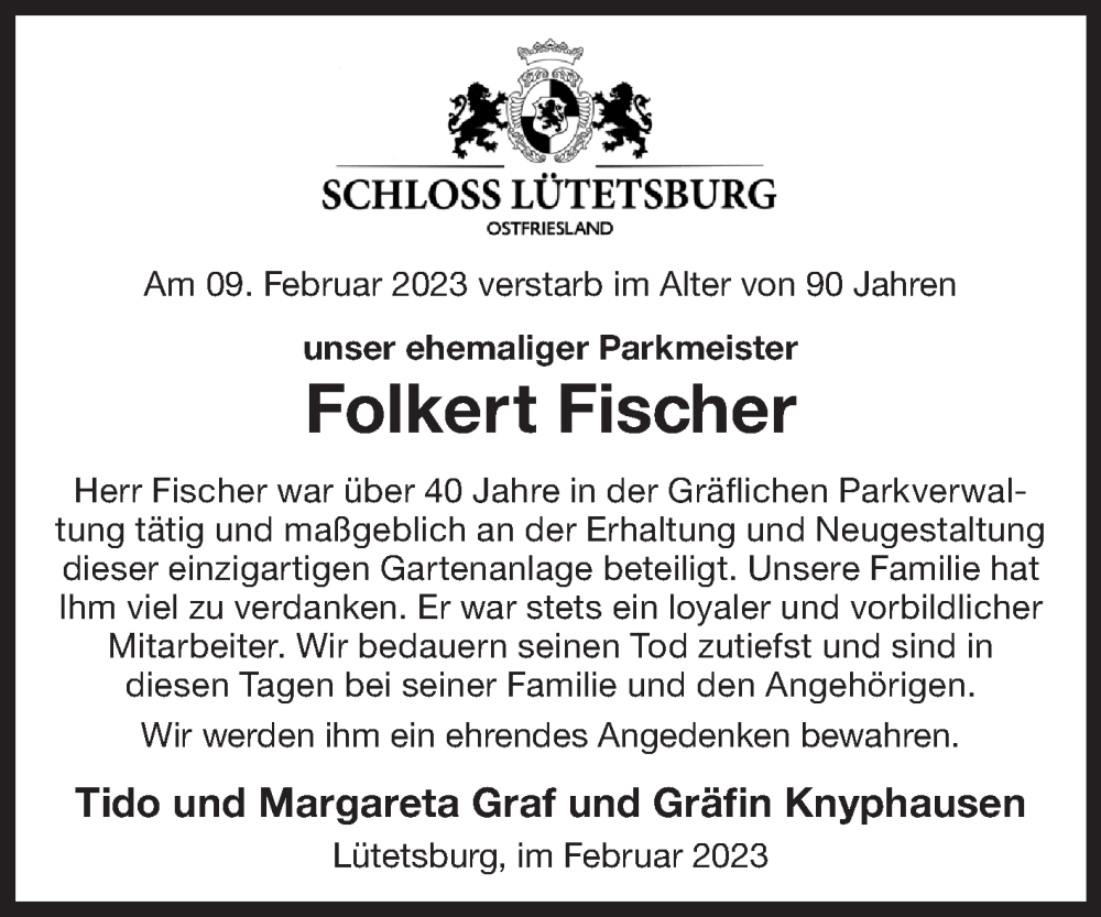  Traueranzeige für Folkert Fischer vom 15.02.2023 aus 