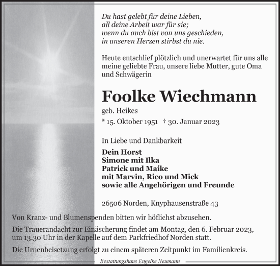 Traueranzeige von Foolke Wiechmann 