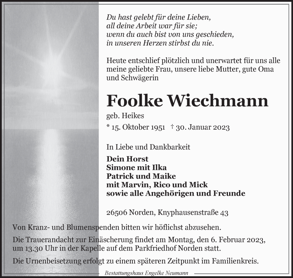  Traueranzeige für Foolke Wiechmann vom 01.02.2023 aus 