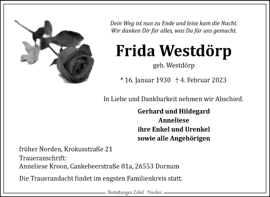 Traueranzeige von Frida Westdörp 