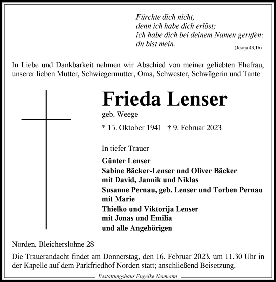 Traueranzeige von Frieda Lenser 