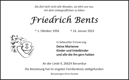 Traueranzeige von Friedrich Bents 