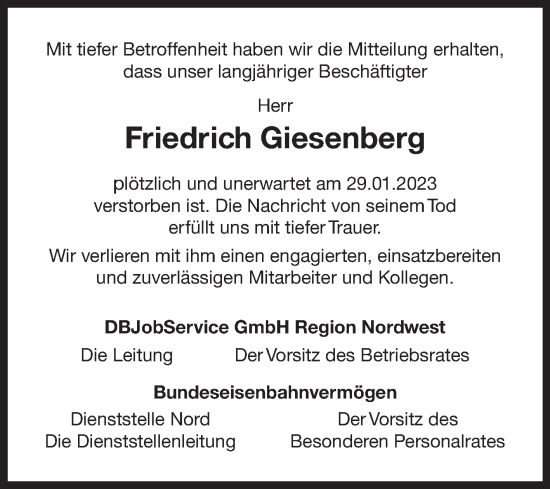 Traueranzeige von Friedrich Giesenberg 