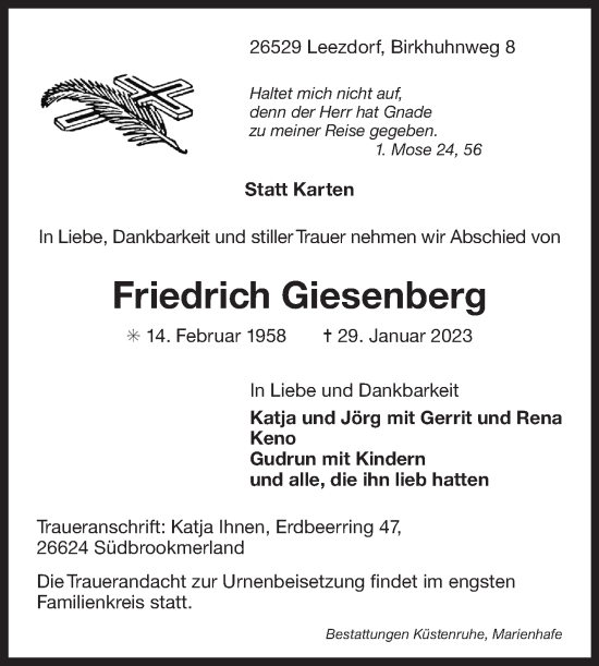 Traueranzeige von Friedrich Giesenberg 