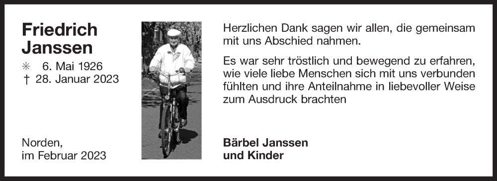  Traueranzeige für Friedrich Janssen vom 18.02.2023 aus 