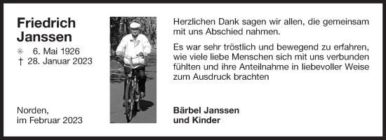 Traueranzeige von Friedrich Janssen 