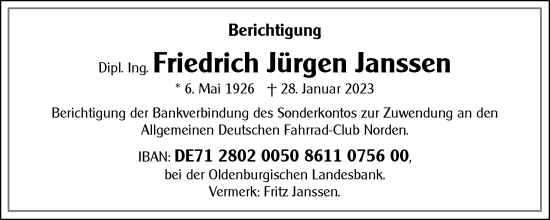 Traueranzeige von Friedrich Jürgen Janssen 
