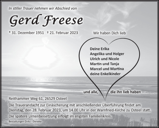 Traueranzeige von Gerd Freese 