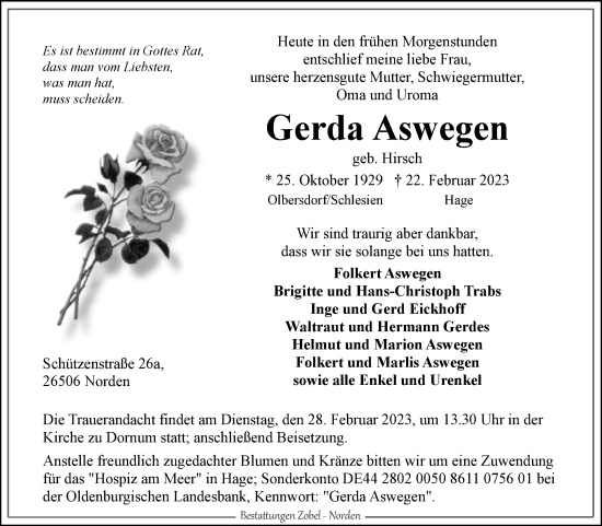 Traueranzeige von Gerda Aswegen 