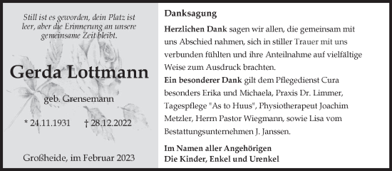 Traueranzeige von Gerda Lottmann 