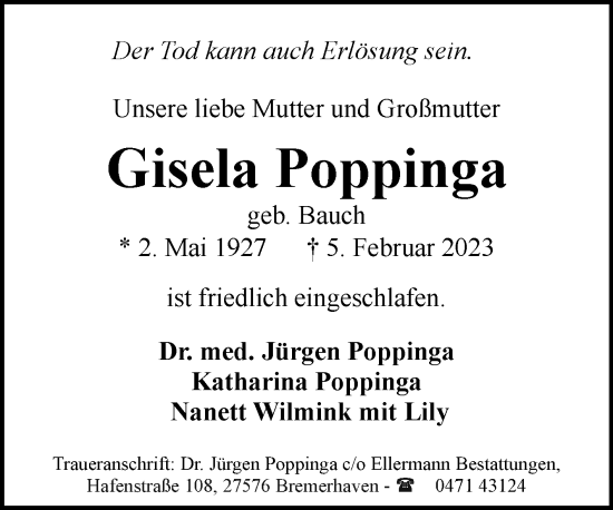 Traueranzeige von Gisela Poppinga 