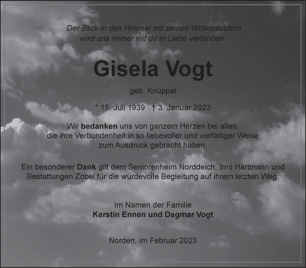  Traueranzeige für Gisela Vogt vom 18.02.2023 aus 