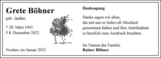 Traueranzeige von Grete Böhner 