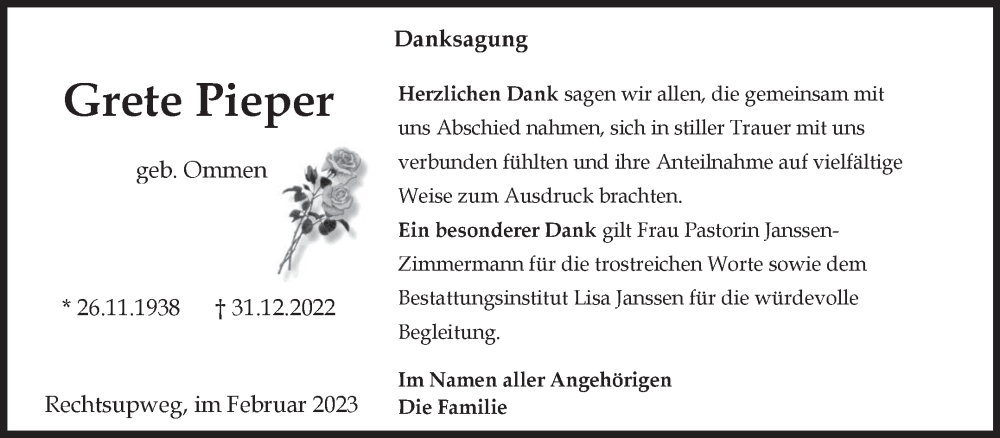  Traueranzeige für Grete Pieper vom 04.02.2023 aus 