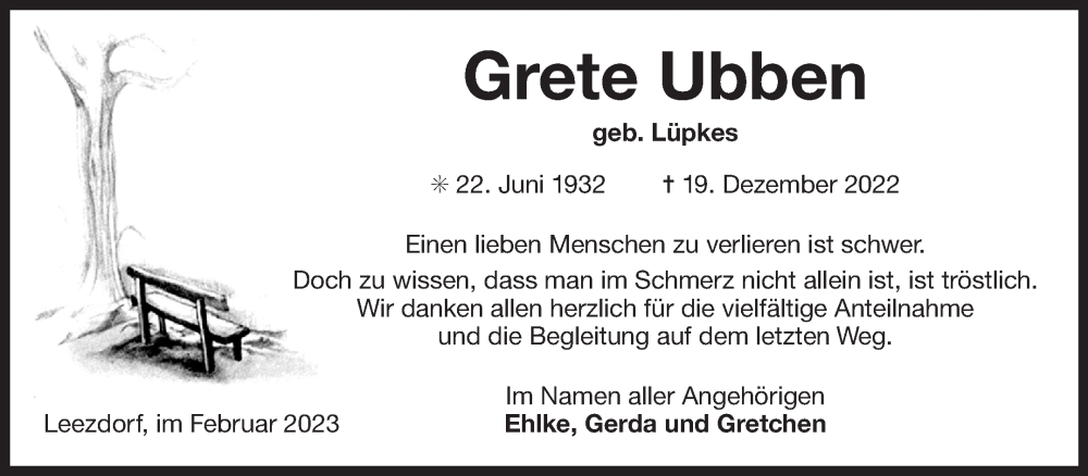  Traueranzeige für Grete Ubben vom 18.02.2023 aus 