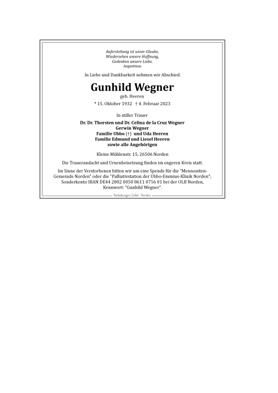 Traueranzeige von Gunhild Wegner 