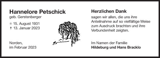Traueranzeige von Hannelore Petschick 