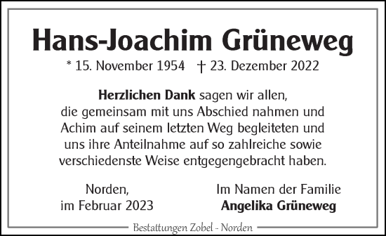 Traueranzeige von Hans-Joachim Grüneweg 
