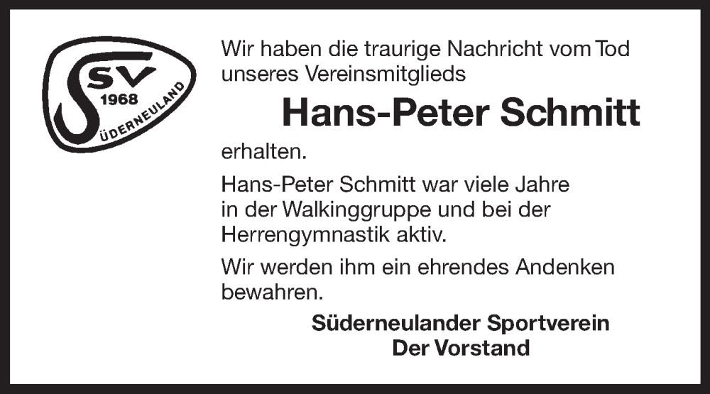  Traueranzeige für Hans-Peter Schmitt vom 10.02.2023 aus 