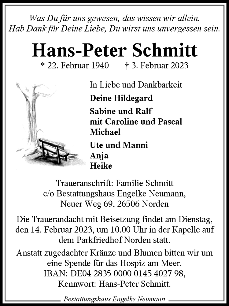  Traueranzeige für Hans-Peter Schmitt vom 08.02.2023 aus 