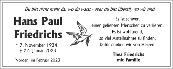 Traueranzeige von Hans Paul Friedrichs 