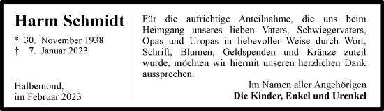 Traueranzeige von Harm Schmidt 