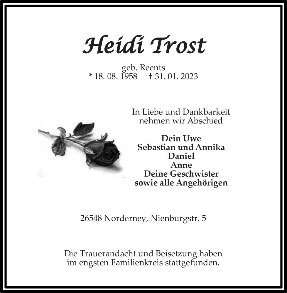  Traueranzeige für Heidi Trost vom 10.02.2023 aus 
