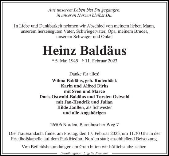 Traueranzeige von Heinz Baldäus 