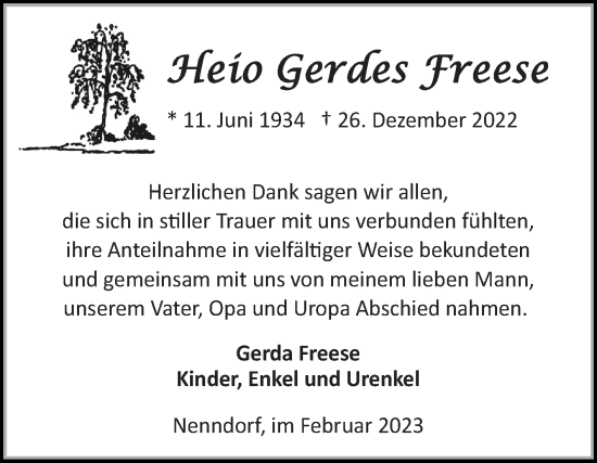 Traueranzeige von Heio Gerdes Freese  