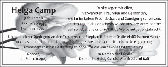 Traueranzeige von Helga Camp 