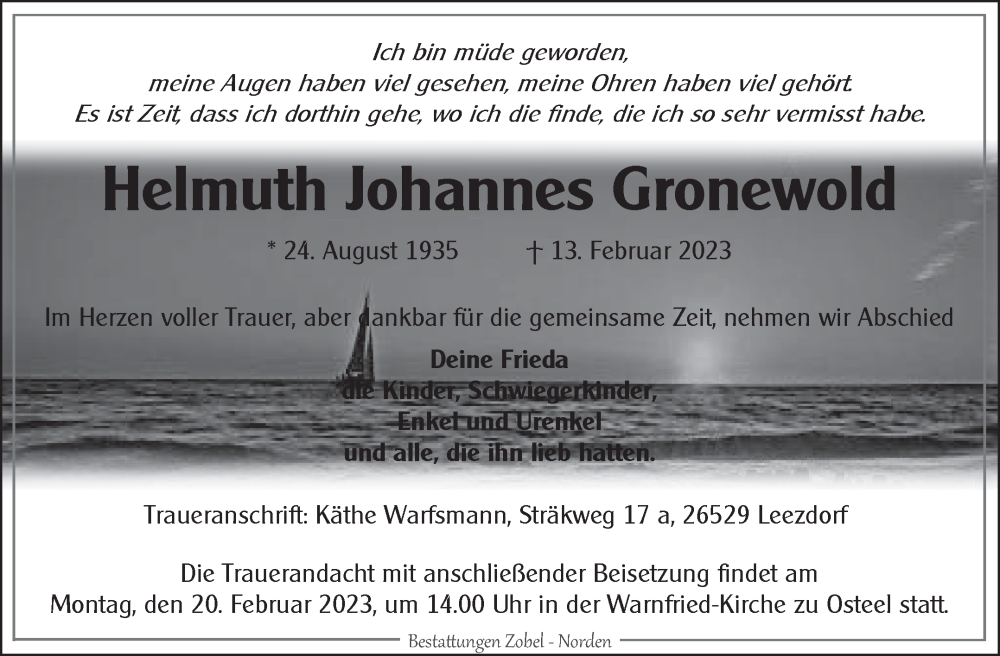  Traueranzeige für Helmuth Johannes Gronewold vom 15.02.2023 aus 