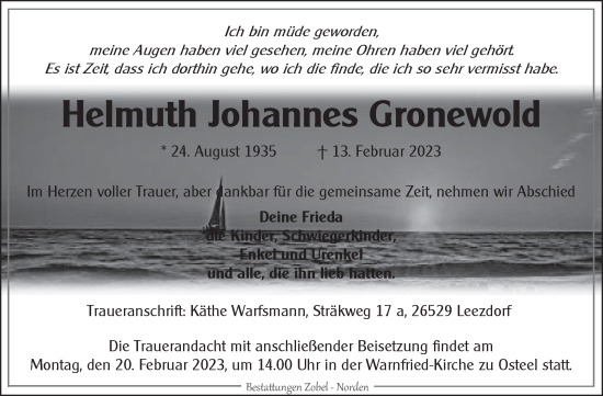 Traueranzeige von Helmuth Johannes Gronewold 